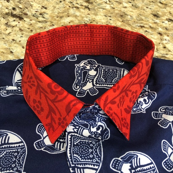 100% Silk Blue White Red Elephant Floral Detail Button Down Custom Dress Shirt - Picture 3 of 5